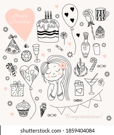 Woman with balloons and sweets. Woman birthday doodle set. girl and cake with candles, donut and caramel, ice cream and chocolate, gifts and a rose. Doodle isolated on white background. Vector 