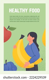 Woman with banana. Girl with fruits in her hands. Healthy lifestyle, fitness and proper nutrition. Vitamins and useful elements. Infographics and cover for website. Cartoon flat vector illustration