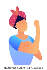 Mujer con venda en la cabeza mostrando bíceps y primera ilustración vectorial. Feminismo y mujer fuerte, movimiento de mujeres e igualdad de mujeres, concepto retro y vintage. Aislado sobre fondo blanco.