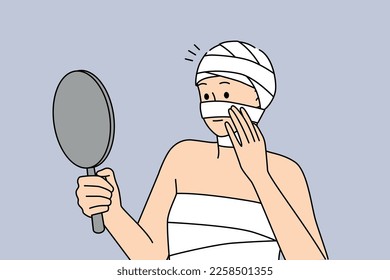 Woman in bandages on head and body look in mirror care about operation recovery. Female patient after plastic surgery recover wait for good results. Vector illustration. 