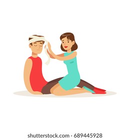 Woman bandaging the head of the injured man, first aid vector Illustration