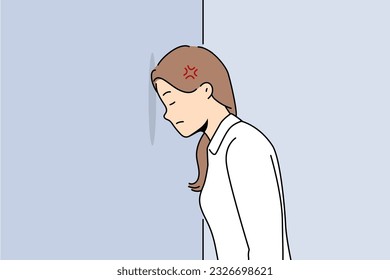 Woman bangs head against wall because of mental problems or failures in personal life. Girl stands with eyes closed, inventing way to solve problems that have arisen and in need of moral support.