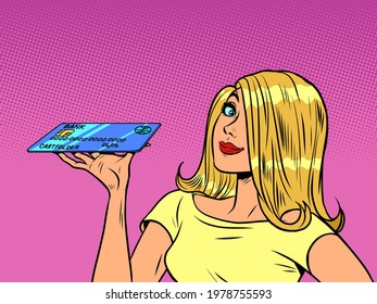 A woman with a bank credit card. Financial services