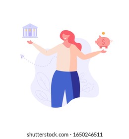 Woman with bank service and piggy bank. Client choosing between business. Concept of banking, saving money, deposit, cash back. Vector illustration in flat design for UI, web banner, landing page