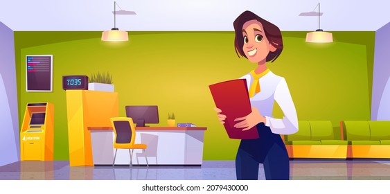 Woman bank worker, assistant or consultant wear formal suit with folder in hands in office with atm, desk with pc, credit or financial department employee provide services, Cartoon vector illustration