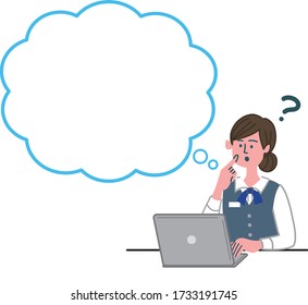 woman banker reception laptop computer thinking 