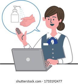 woman banker reception laptop computer sanitizer wash hand