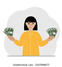 A woman with banknotes in both hands. The concept of wealth. Vector flat illustration