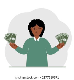 A woman with banknotes in both hands. The concept of wealth. Vector flat illustration