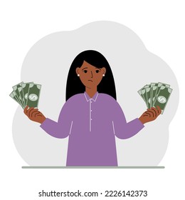 A woman with banknotes in both hands. The concept of wealth. Vector flat illustration