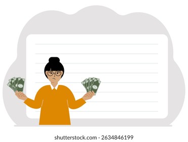 A woman with banknotes in both hands. The concept of wealth. Vector flat illustration
