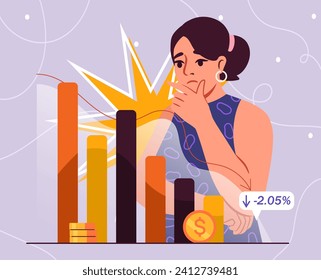 Woman with bankruptcy concept. Young girl look at falling graph. Unsuccessful entrepreneur or investor. Global economic problems, inflation and recession. Cartoon flat vector illustration