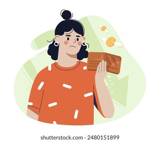 Woman with bankruptcy. Young girl with empty wallet. Financial problems and lack of money. Person suffer from economical crisis. Cartoon flat vector illustration isolated on white background