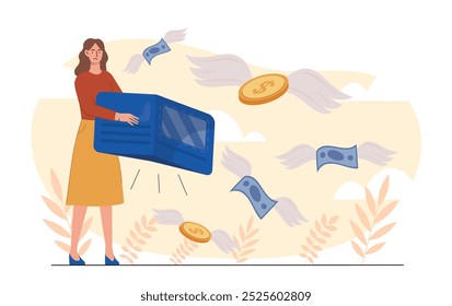 Mulher com falência. Menina com carteira vazia perto de notas de banco e moedas de ouro. Problemas financeiros e econômicos. Crise global e inflação, recessão. Ilustração de vetor plano