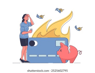 Mulher com falência. Menina perto do cartão quente do banco e do cofrinho. Depressão econômica e frustração, crise global. Queima de dinheiro. Ilustração de vetor linear isolada no plano de fundo branco