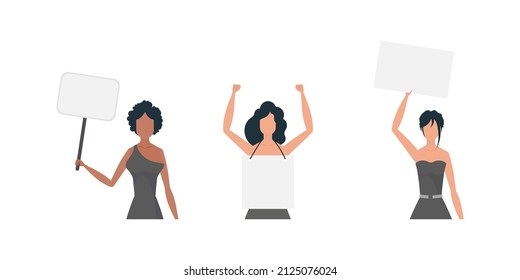 A woman with a banner in her hands. Protest concept. Set for banners and designs. Vector.