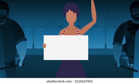 A woman with a banner on the background of the city. Protest concept. Vector illustration.