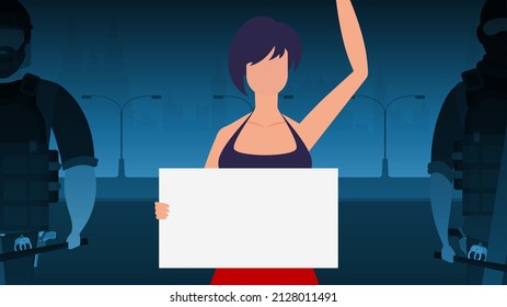 A woman with a banner on the background of the city. Protest concept. Vector illustration.