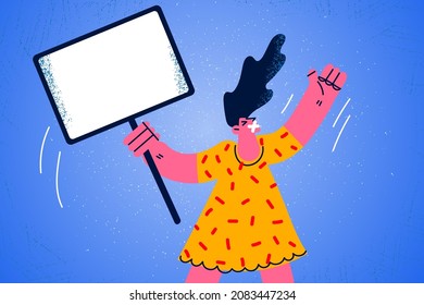 Woman with banner with sealed mouth protest for freedom of speech. Female activist or volunteer hold placard go on strike march for rights equality. Active social positioning. Vector illustration. 