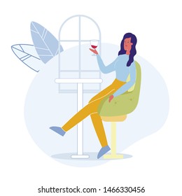 Woman in Bar Alone Cartoon Vector Illustration. Young Female Flat Character Sitting on Chair, Drinking Red Wine. Lonely Smiling Girl Tasting Winery Product, Alcoholic Beverage Glass