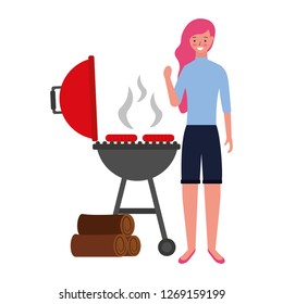 woman with barbecue sausages and wooden