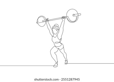 Woman with Barbell One Line Drawing. Extreme Sport Abstract Minimal Drawing. Continuous One Line Female Sport Illustration. Modern Trendy Contour Drawing. Vector EPS 10.