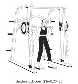 Woman with barbell in weight power rack flat line black white vector character. Editable outline full body person. Female powerlifter simple cartoon isolated spot illustration for web design