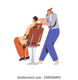 Woman barber cutting hair for man customer sitting in barbershop chair. Modern hairdresser girl working with client, doing haircut, grooming. Flat vector illustration isolated on white background