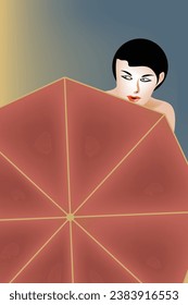 A woman with a bare shoulder looks out from behind an umbrella.