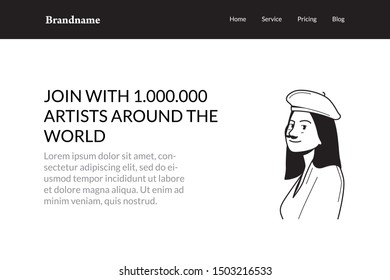 Woman with baret hat art style and wearing fake mustache to looks like real artist in outline black and white style illustration, landing page, vector isolated