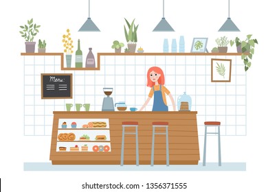 Woman barista behind counter bar of the coffee shop. Modern place interior to meet, drink and eat. Vector flat style cartoon illustration of urban jungle cafe for advertising, banner, poster.
