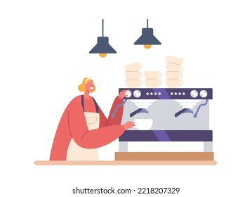 Woman Barista Brewing Coffee. Waitress Pouring Hot Drink into Cup in Coffee Shop. Bartender Work, Character Wear Apron Work in Cafe Cooking Fresh Aromatic Beverage. Cartoon People Vector Illustration