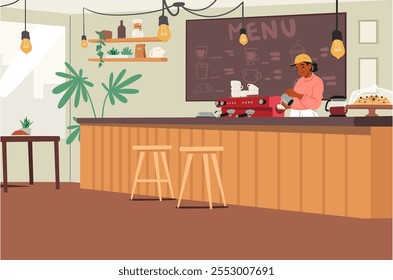 Mujer barista personaje de dibujos animados preparando café en la máquina automatizada de pie en el mostrador del bar sobre la cafetería ecológica acogedora escena interior de diseño. Descanso cómodo con servicio profesional