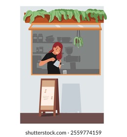 Woman barista character in uniform making coffee at street cafeteria kiosk offering takeaway hot drinks vector illustration. Outdoor marketplace building exterior cartoon scene. Small business concept