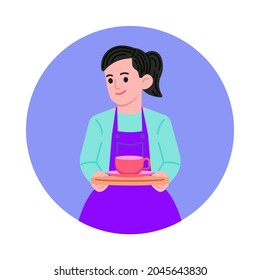 Woman barista with coffee cup vector illustration. Coffee shop concept. Flat style design. Colorful graphics