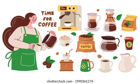 Woman barista and coffee maker making coffee drink. Coffee machine, pots, cup, bean isolated hand drawn modern style set. Modern style flat cartoon graphic illustration