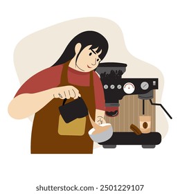 Woman Barista Making Coffee, Flat Illustration Barista Coffee, Cafe Worker, Professional, Espresso