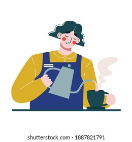 Woman barista making coffee or tea. Female barista. Flat vector illustration.