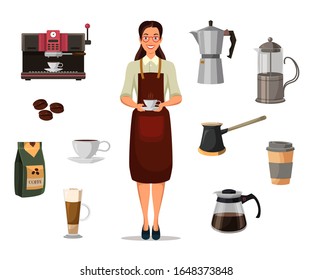 Woman barista in uniform holding cup of hot coffee in hands. Equipment and accessories set for making aroma beverage. Latte, aromatic beans, package, machine, jar, teapot, jezve. Vector illustration