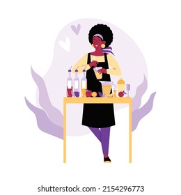 Woman bartender makes drinks, cocktails, vector flat illustration on a white background. Bartender, waiter works at bar, restaurant. Bartender mixes drinks