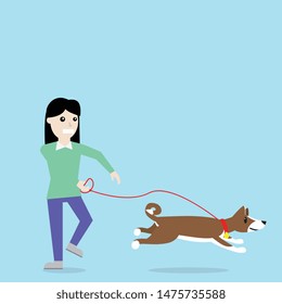 Woman with basenji dog run on blue background vector.