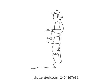 woman basket hat hold nature agriculture village organic fruit vegetables one line art design