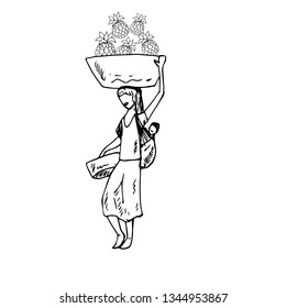 A woman with a basket on her head and a child behind her. Vector illustration.