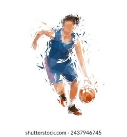 Woman basketball, isolated low poly vector illustration. Female team sport athlete, front view