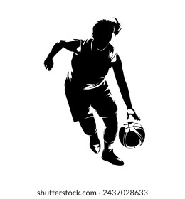 Woman basketball, isolated vector silhouette. Female team sport athlete, front view