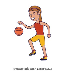 woman basketball player with ball blue lines