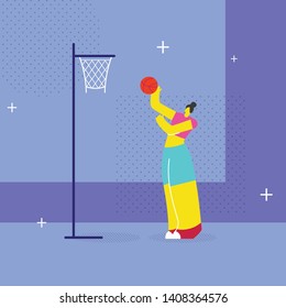 Woman Basketball Player Flat Vector Illustration. Sportswoman Throwing Ball in Basket Cartoon Character. Young Lady, Professional Female Athlete in Sportswear Training. Active Leisure, Pastime