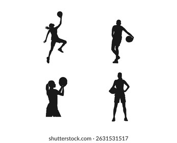 Woman basketball player, people playing basketball silhouette. Group of different basketball players in different playing positions. Vector set of Basketball players. isolated on white background.