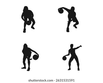 Woman basketball player, people playing basketball silhouette. Group of different basketball players in different playing positions. Vector set of Basketball players. isolated on white background.