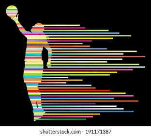Woman basketball player vector background concept made of colorful stripes